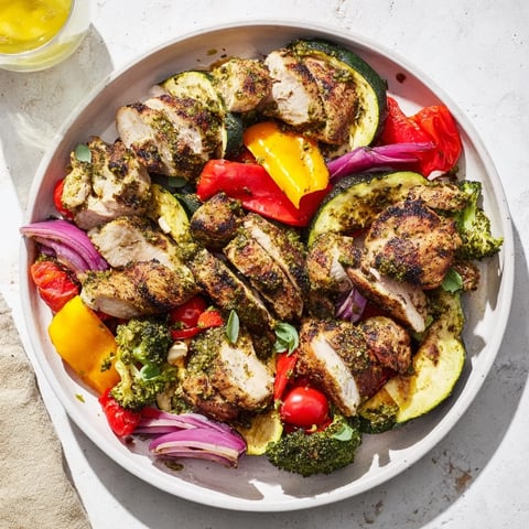 Bright, golden-brown Quick Lemon Pesto Chicken Sheet Pan with beautifully roasted colorful vegetables.