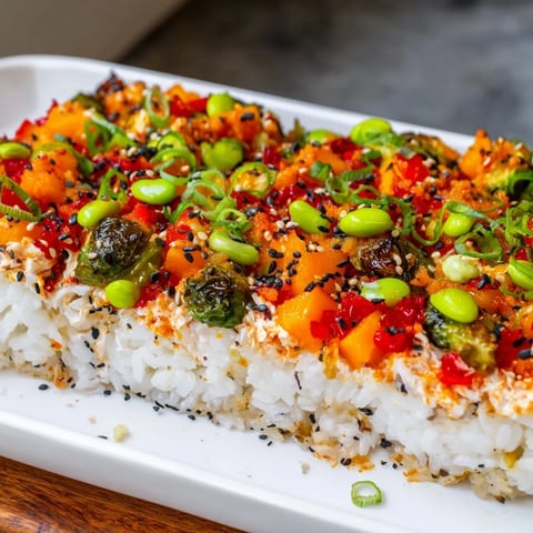 Savory TikTok viral sushi bake: layers of rice, crab, and colorful roasted holiday veggies, ready to enjoy.