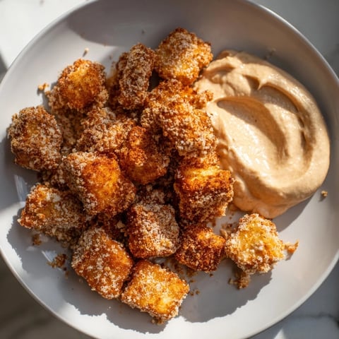 Golden, crispy tofu nuggets served with a creamy holiday spice dip for dipping and enjoyment.