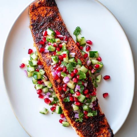 Cajun Spiced Salmon glistening on a plate, topped with colorful, vibrant pomegranate salsa.