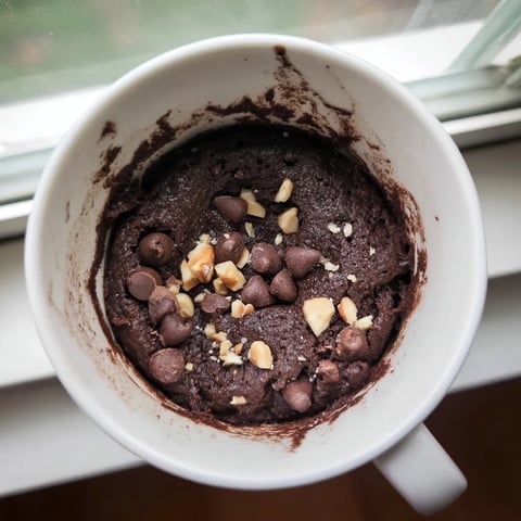 Steaming hot microwaved mug cake, perfect for a quick and easy dessert craving.