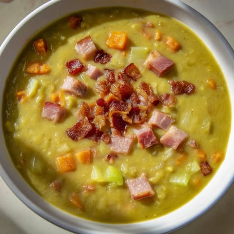 Steaming bowl of Split Pea Soup with canned ham and bacon, garnished with crispy bacon crumbles.