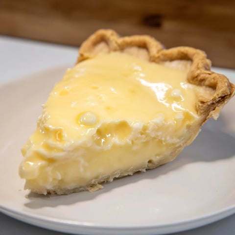 A slice of Water Pie, creamy filling perfectly set, served with a dusting of powdered sugar.