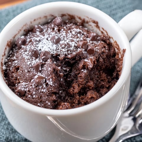 Steaming hot microwave mug cake, a quick chocolate dessert, ready to enjoy with a spoon.