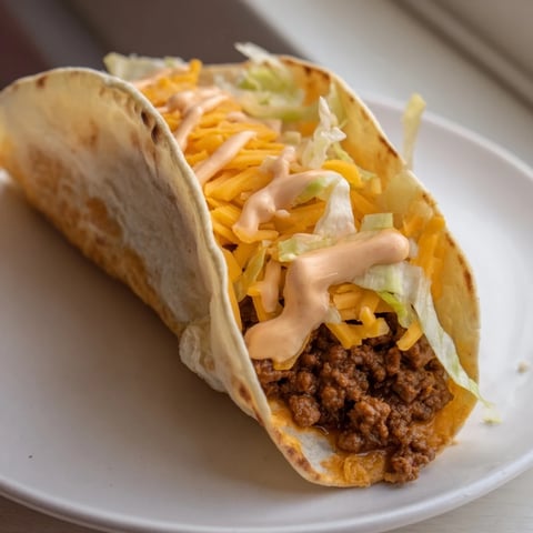Image of a Cheesy Gordita Crunch Taco: crunchy shell filled with seasoned beef, lettuce, and rich cheese.