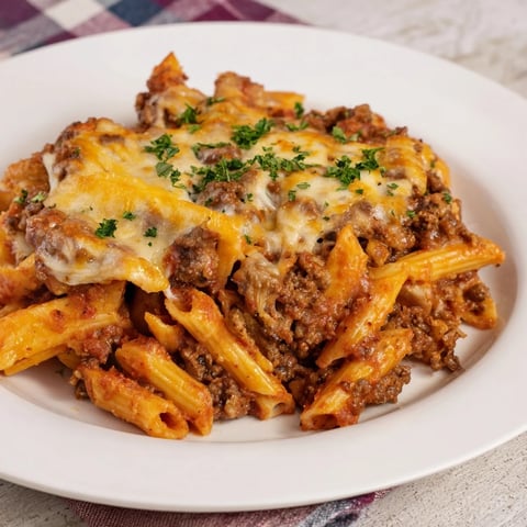 Golden, bubbly Budget Sausage and Cheese Pasta Bake fresh from the oven, ready to serve.