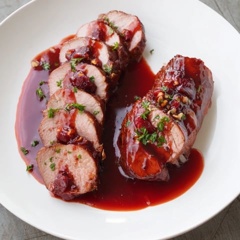 Savory slices of Tart Cherry Date Glazed Pork Tenderloin glistening with a sweet, balsamic-infused glaze.