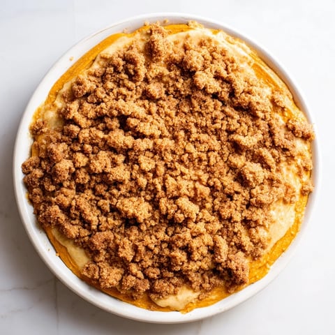 Golden-brown pumpkin crisp, a comforting fall dessert ready to be served warm with ice cream.