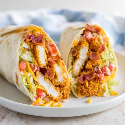 Golden, crispy chicken bacon ranch wrap, overflowing with fresh fillings, ready to eat!