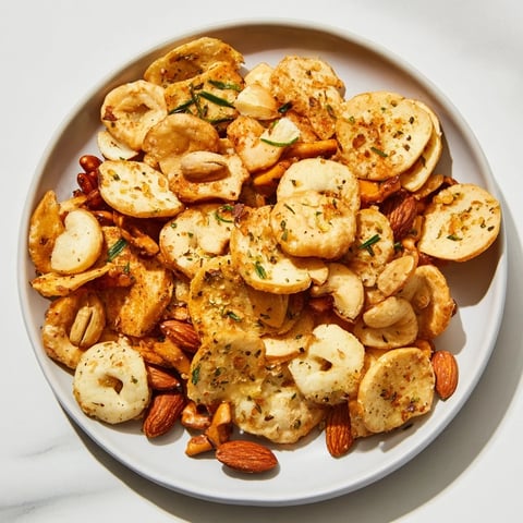 Crispy air fryer bagel chip mixture with pretzels, nuts, and festive holiday candies, a perfect snack.