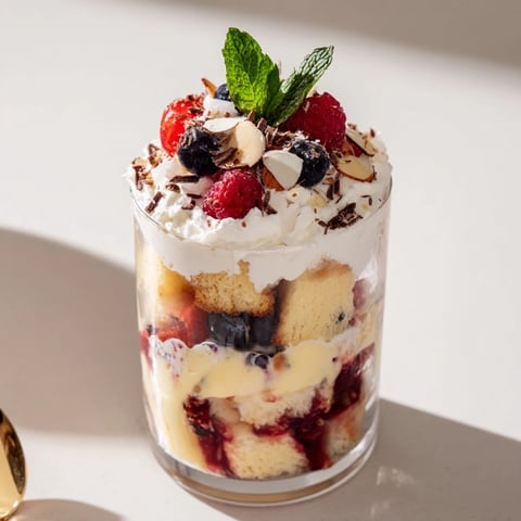Christmas Trifle Cups layered with whipped cream, berries, and custard, a festive holiday dessert.