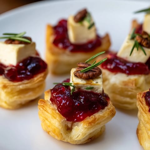 Express Cranberry Sauce Brie Bites, golden and bubbly, perfect warm appetizer for a special holiday meal.