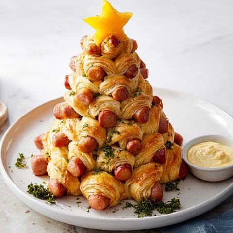 Golden-brown Express Pigs in Blanket Christmas Tree arranged with a bright cheddar star, ready to serve with mustard dip.