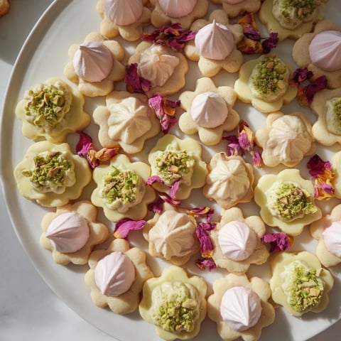 A beautifully arranged Daisy Chain Dessert Tray with mini cookies, meringues, and chocolate bark.