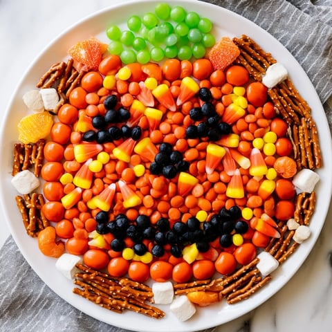 Vibrant Jack-o-Lantern Candy Board: an array of orange and black candies forming a spooky Halloween design.