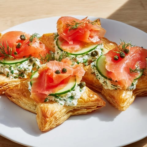 Golden puff pastry Étoiles Filantes, topped with smoked salmon, cucumber, and fresh dill, ready to enjoy.