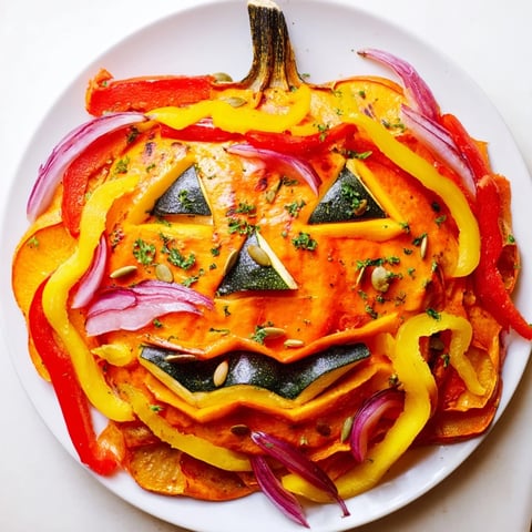 Roast pumpkin lantern with colorful roasted vegetables; festive Halloween appetizer plate pictured.