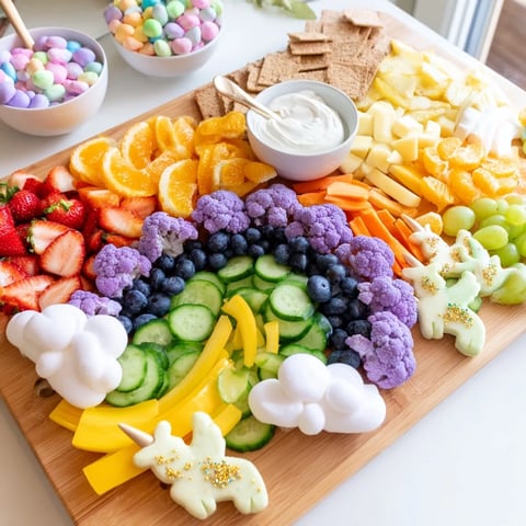 Magical Unicorn Rainbow Snack Board displaying colorful fruits, veggies, and treats alongside creamy dips.