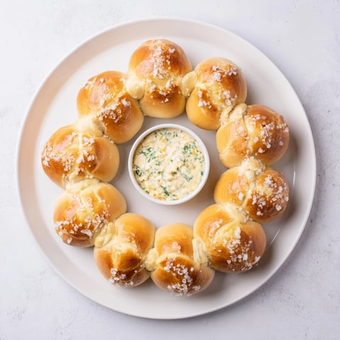 Golden brown pretzel wreath dip ring with melted cheese, perfect for a party.