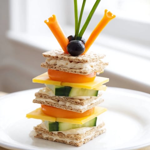 Adorable Giraffe Tall Cracker Stacks, a whimsical kids' snack with cheese, crackers, and veggies.