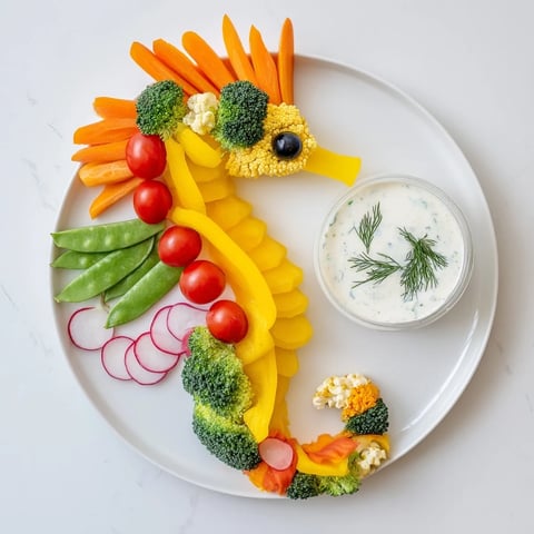 Seahorse Veggie Dip Platter featuring vibrantly arranged fresh vegetables, ready for dipping and fun!