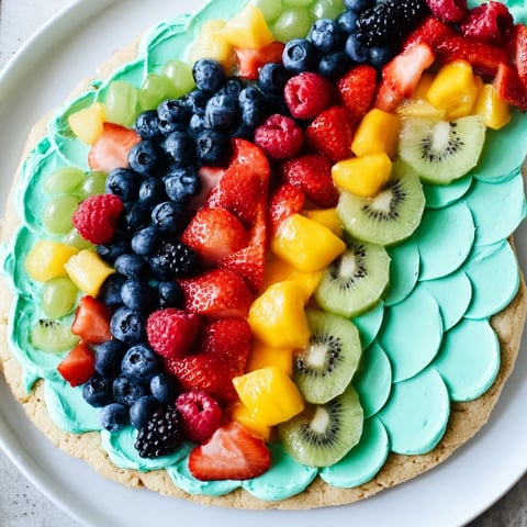 Vibrant Under the Sea: Mermaid Tail Fruit Pizza with colorful fruit arranged on a cookie crust, ready to serve.