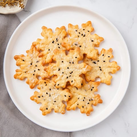Snowflake cutout crackers arranged on a cheese board, inviting guests with their buttery, crisp edges.