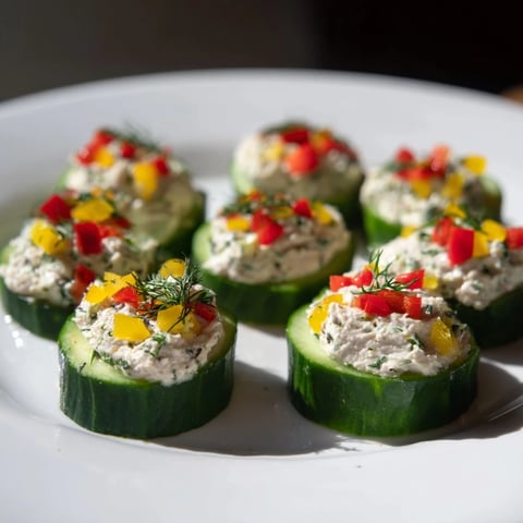 Holiday Star Cucumber Bites, cool and refreshing, are topped with a creamy cream cheese spread.