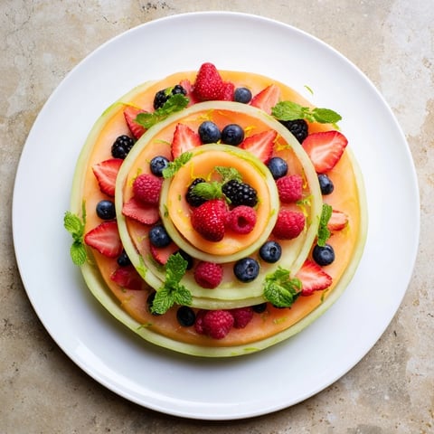 A colorful fruit platter, showcasing simple layered circles of melon and vibrant berries.