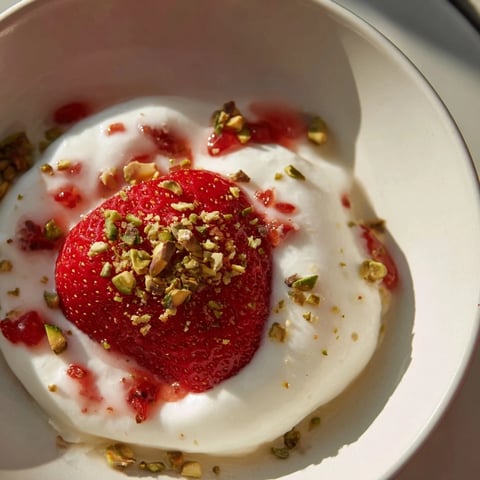 Yogurt-dipped strawberry halves glistening, showing creamy yogurt coating perfectly frozen, ready to eat.