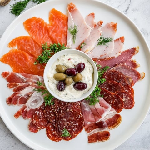 The Compass Rose appetizer features an artful arrangement of meats around a creamy dip, ready to enjoy.