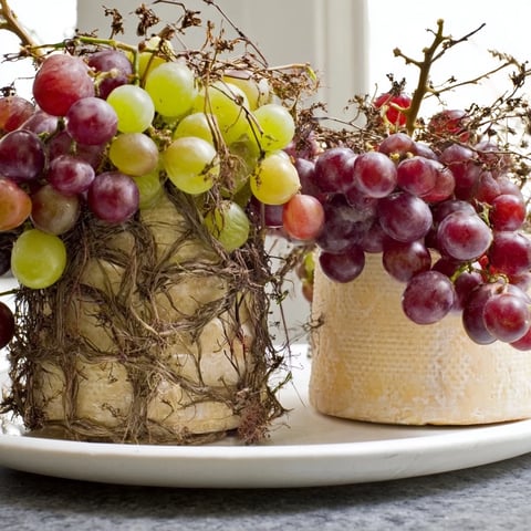 The Rustic Vineyard appetizer: fresh grapes and cheese draped with grapevine branches create charm.