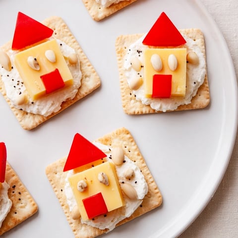 Miniature cheese house appetizers, the Alpine Village, sit nestled on snowy crackers, ready to eat.