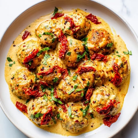 Golden-brown Marry Me Chicken Meatballs swimming in a creamy, sun-dried tomato sauce ready to serve.