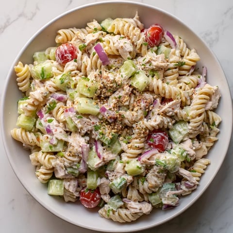 Everything Bagel Chicken Pasta Salad, bursting with fresh veggies and creamy dressing, ready to eat.
