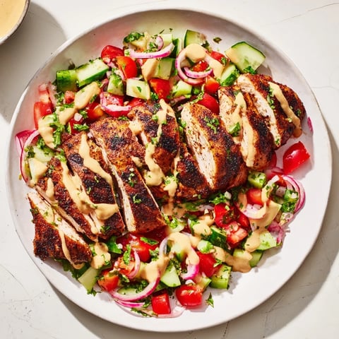 Chicken Shawarma Salad features spiced, sliced chicken atop a colorful tomato and cucumber salad.