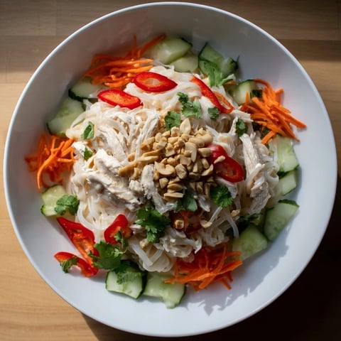 A vibrant bowl of Thai-inspired peanut chicken pasta with fresh cilantro and crunchy peanuts.