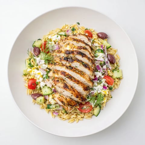 Greek Chicken Gyro Pasta Bowls boast grilled chicken, flavorful orzo, and creamy feta-yogurt sauce—a delicious Mediterranean meal.