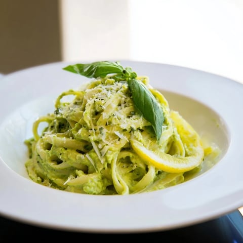 Creamy avocado pasta, a bright green dish, topped with fresh basil and Parmesan cheese ready to eat.