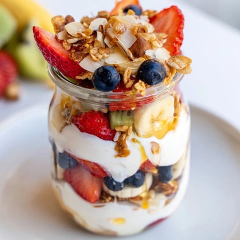 Layered Yogurt Fruit Parfait, a beautiful parfait with colorful fruit and crunchy granola, ready to eat.