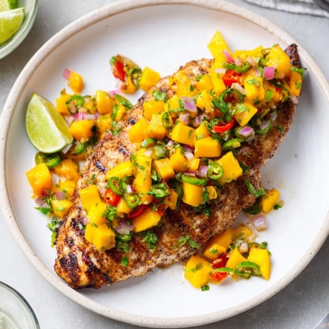 Grilled Mango Salsa Chicken with bright, colorful salsa spooned over perfectly grilled chicken.