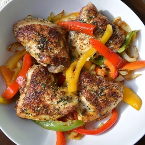 Sheet-Pan Chicken Fajitas, sizzling with cooked peppers, onions, and perfectly seasoned chicken, ready to be served.