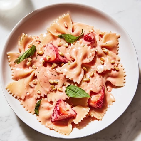 Creamy Strawberry Sour Cream Pasta, ready to serve, with fresh basil and juicy strawberry slices.