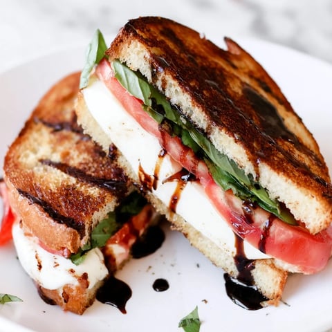 Golden, gooey Caprese Salad Grilled Cheese with melted mozzarella and fresh tomato slices.