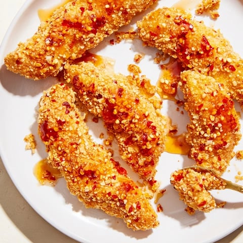 Golden crispy panko chicken tenders drizzled with sweet and spicy hot honey, ready to eat.