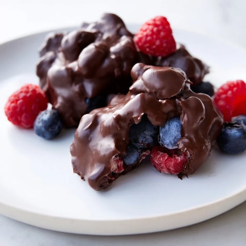 Dark chocolate-covered Chocolate Yogurt Clusters with vibrant berries, a refreshing frozen dessert treat.