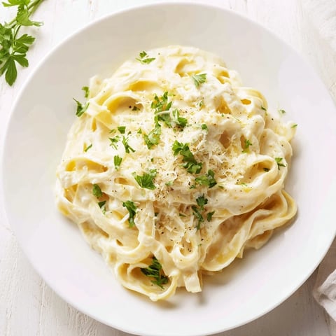 Creamy Cottage Cheese Alfredo Sauce, ready to coat pasta with a sprinkle of fresh parsley on top.