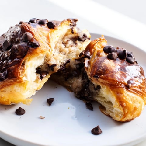 Golden-brown Viral Crookies showcasing flaky pastry layers filled with a rich, melted chocolate chip cookie.