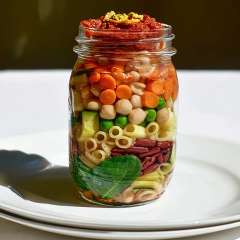Layered Minestrone Soup in Jars, a colorful make-ahead meal, ready for adding hot water.