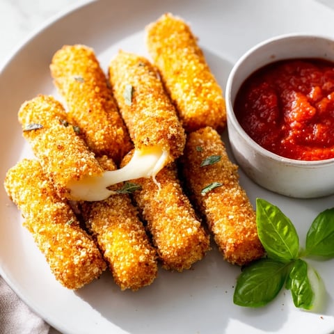 Golden and crispy air fryer mozzarella sticks, perfect with warm marinara for dipping pleasure.